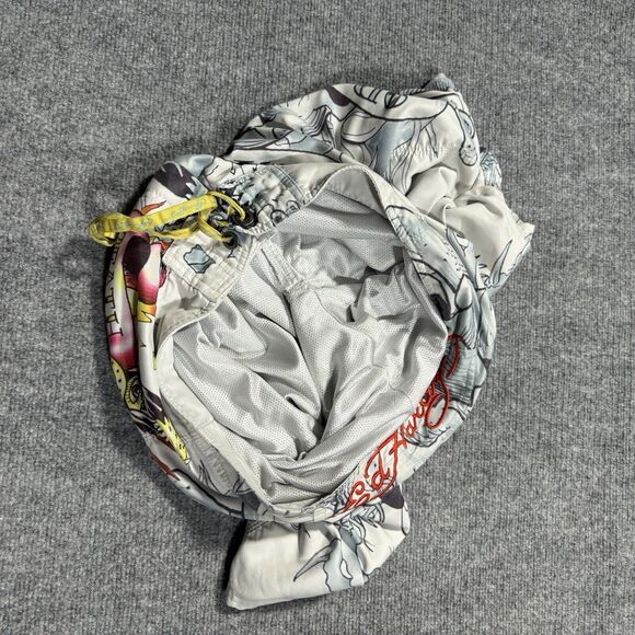 Vtg Ed Hardy Shorts Mens 34 White Swim Board Trunks Skull Dragon Tattoo Y2K - Picture 9 of 11